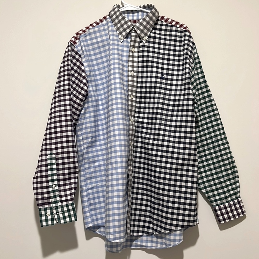 Men’s Brooks Brothers gingham plaid color block shirt size L.